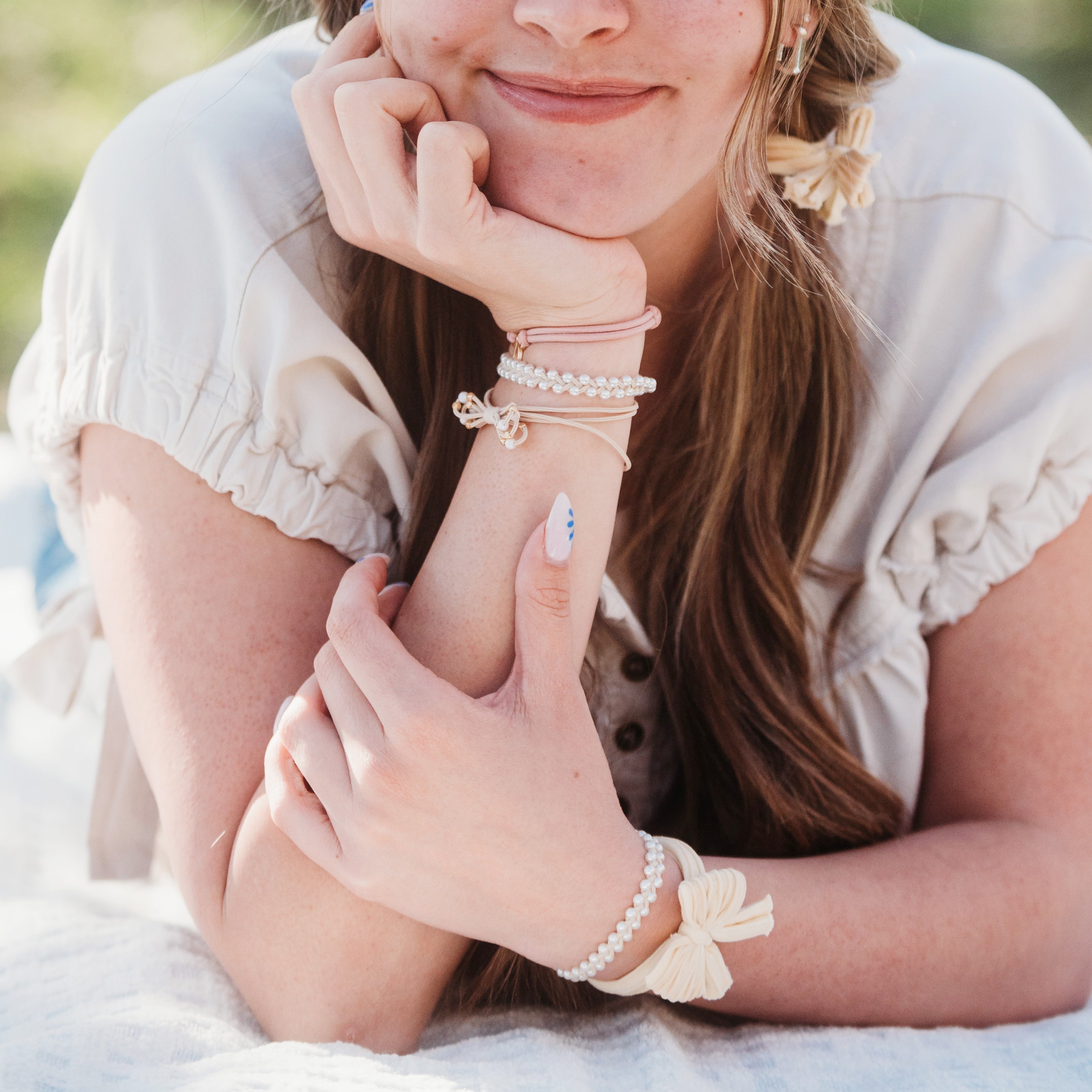 "Grace" Pinks, Pearls &amp; Bows Hair Tie Bracelets