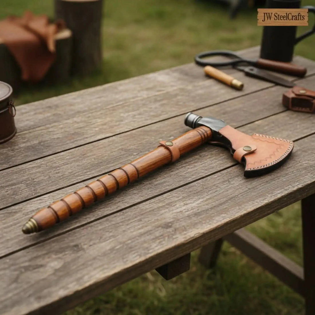 Damascus Pipe Axe 19 Inch Ash Wood Handle | Hand Forged Tomahawk Smoking Axe | JW SteelCrafts
