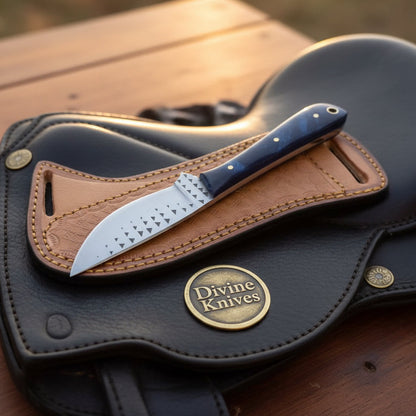 Blue Swirl Resin Rasp Cowboy Knife with Curved Rasp-Style Blade