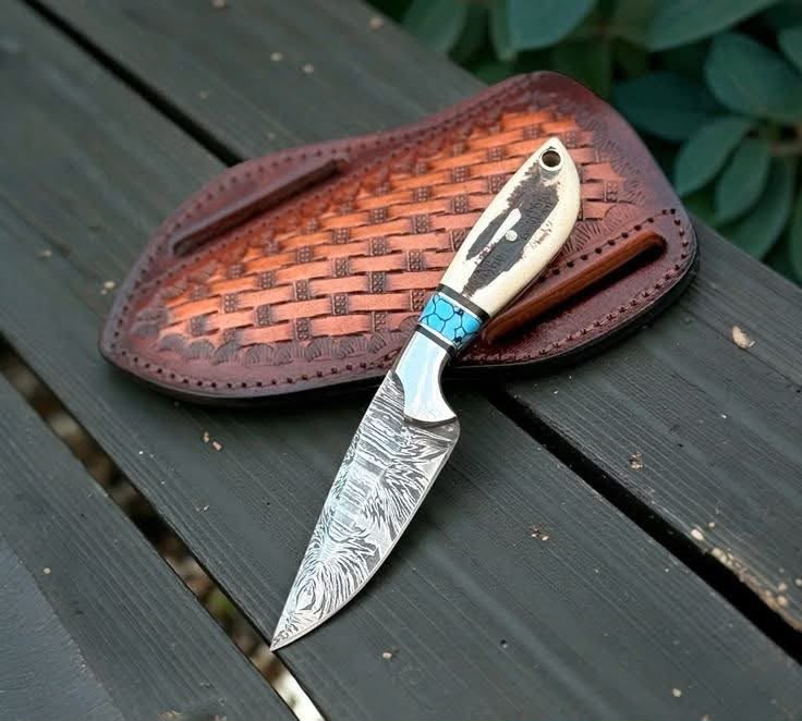 Damascus Western Cowboy Belt Knife with Bone and Turquoise Handle