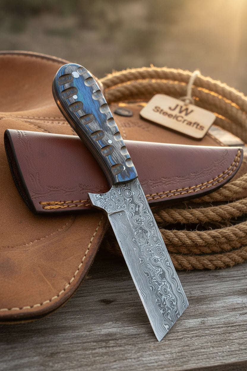 Western Bull Cutter 7” Knife – Damascus Ranch Blade with Blue Stabilized Handle &amp; Sheath