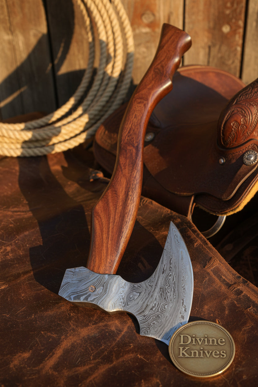 Bone Handle Damascus Knife with Handcrafted Tooled Sheath