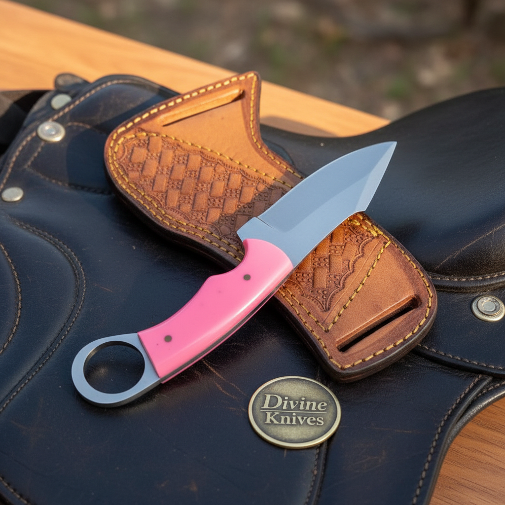 Carbon Steel Pink Resin Ring Skinner Knife with Ring Pommel