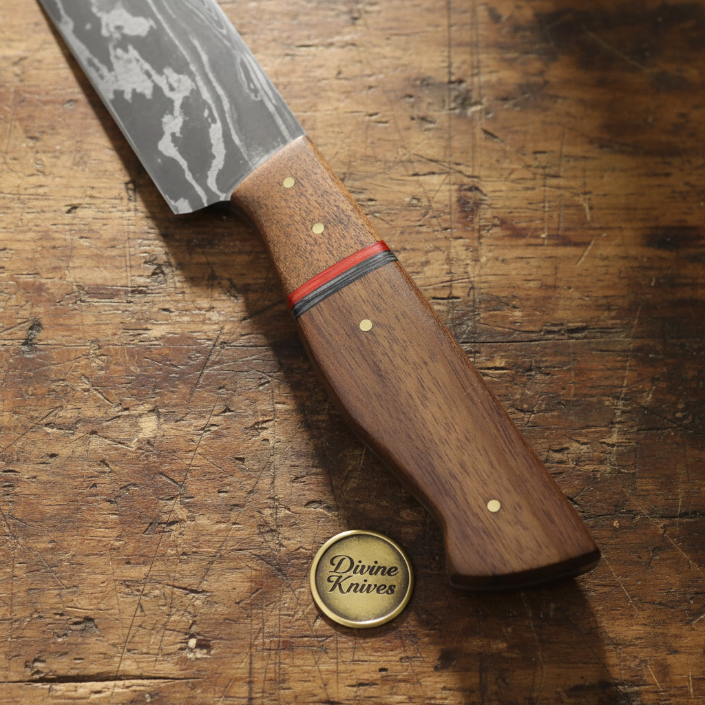 Redline Damascus Gyuto Knife with Wood Grain Blade and Red Accent Handle