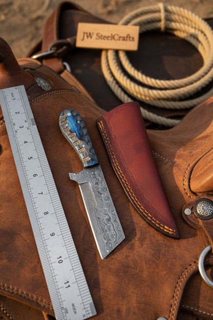 Western Bull Cutter 7” Knife – Damascus Ranch Blade with Blue Stabilized Handle &amp; Sheath