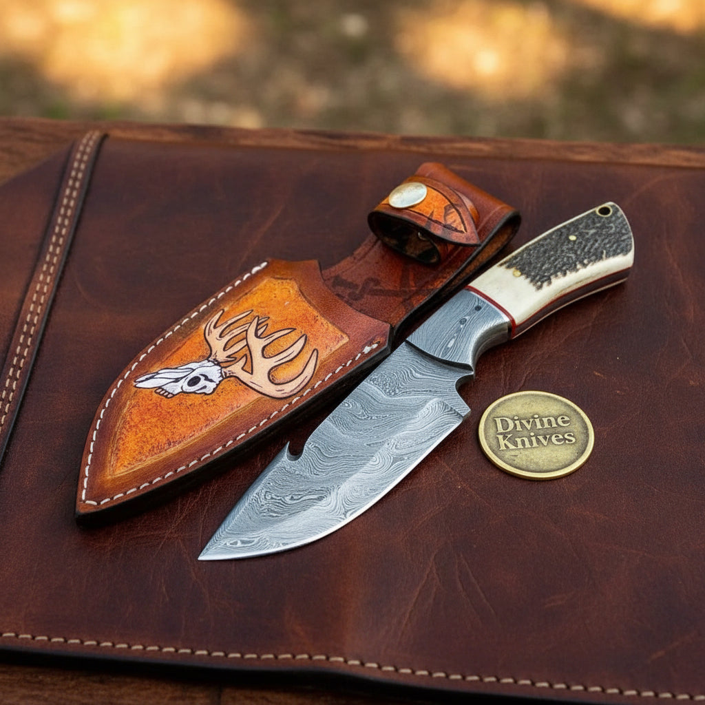 Stag &amp; Bone Handle Gut Hook Skinner Knife for Hunters and Outdoor Users