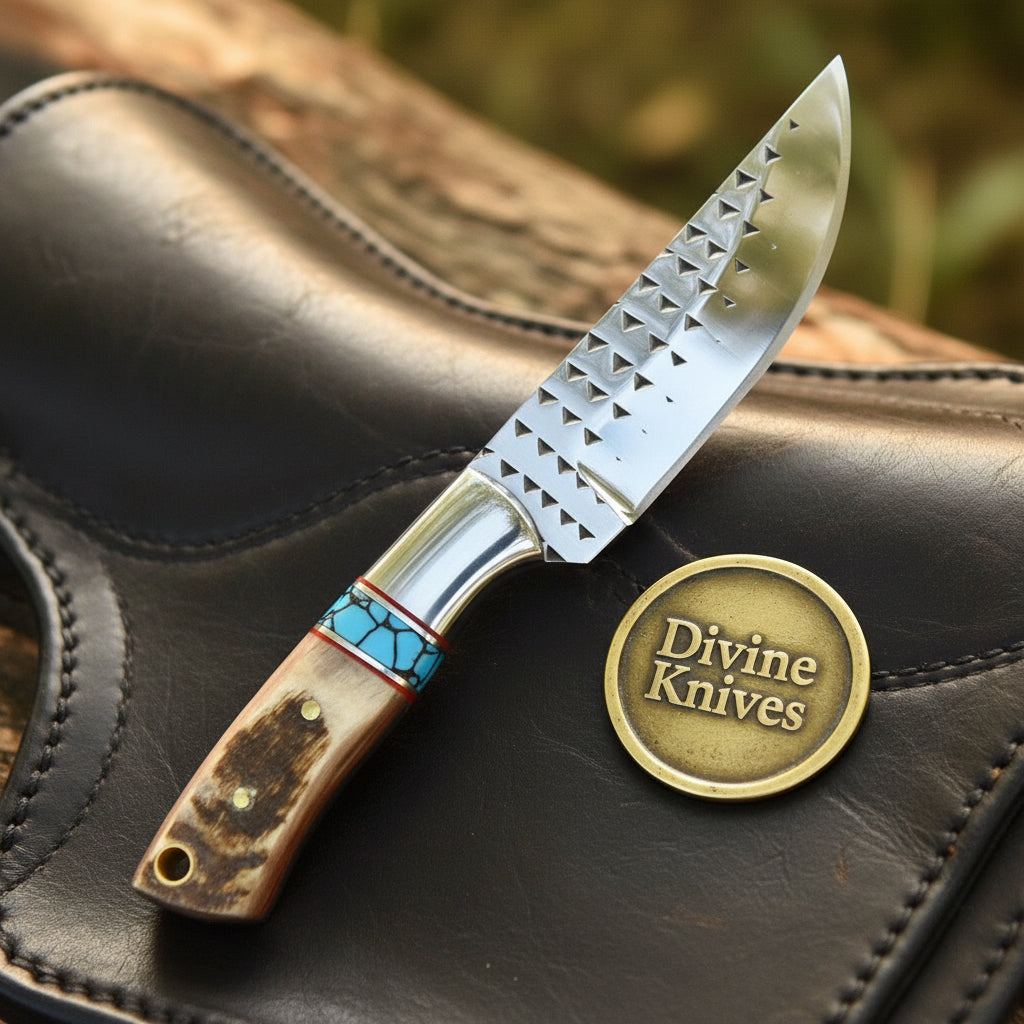 Antler Turquoise Rasp Cowboy Belt Knife with Etched Blade