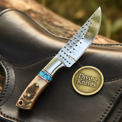 Antler Turquoise Rasp Cowboy Belt Knife with Etched Blade