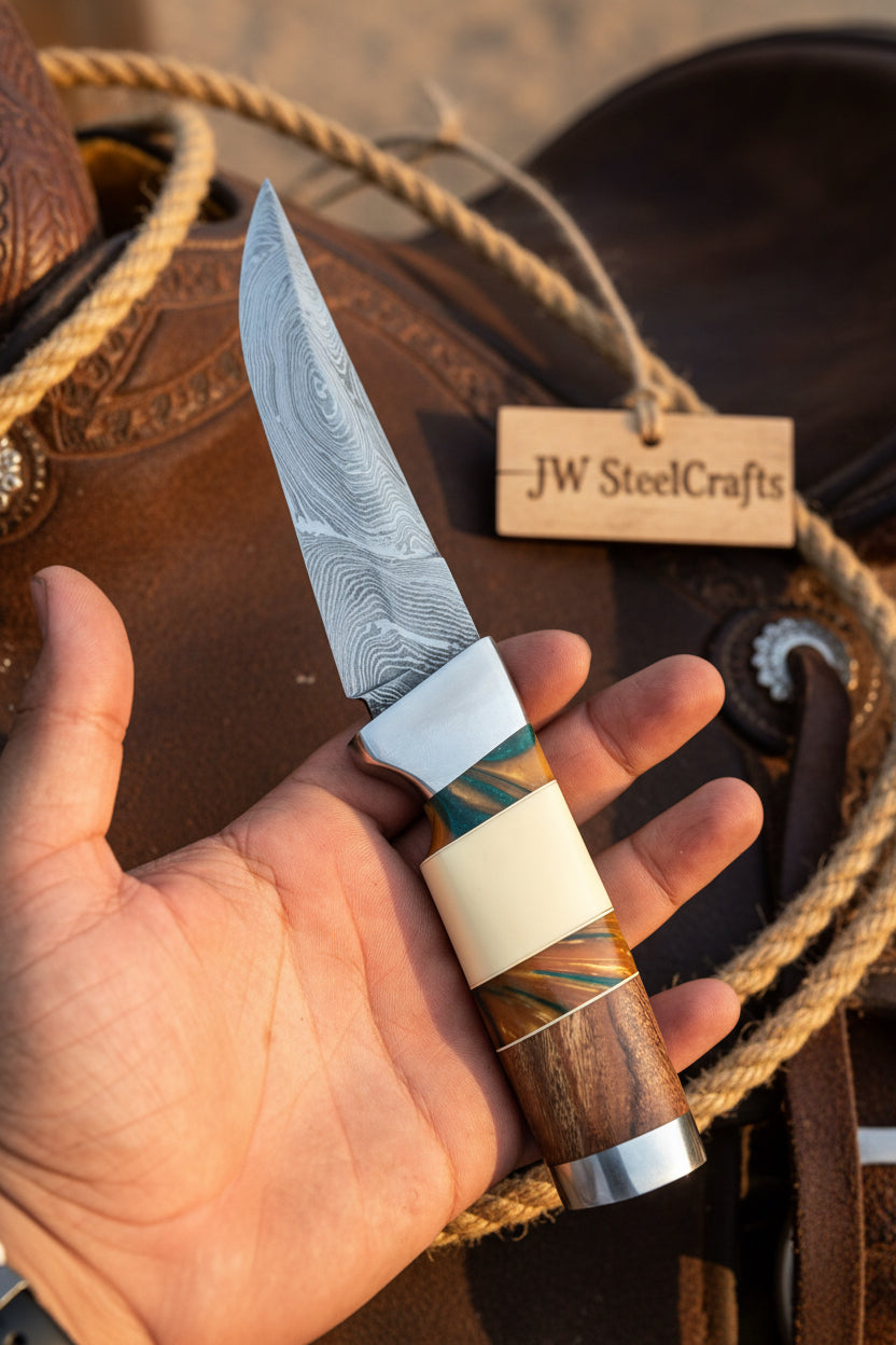 Hunting Knife 4.5” Damascus Steel Straight Back Blade Hybrid Wood Resin Handle Viking-Inspired
