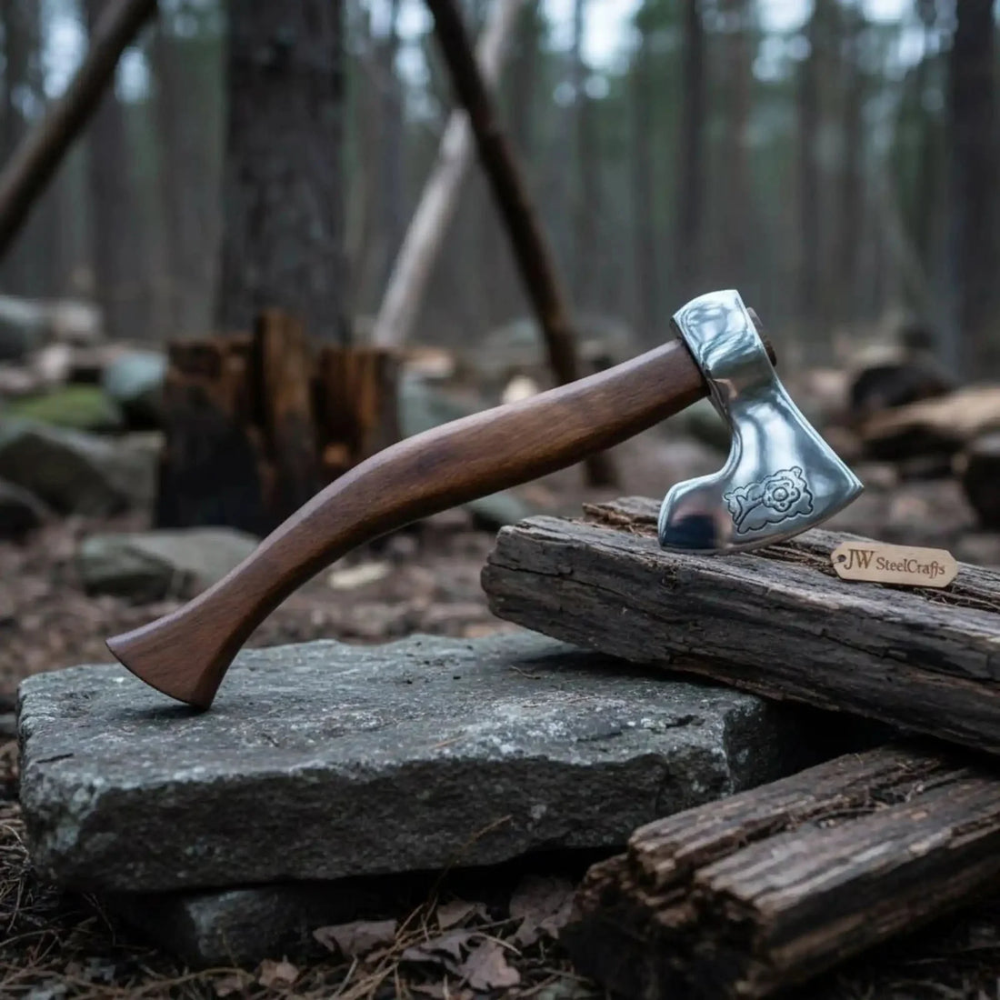 Hand Forged Damascus Steel Viking Axe – Bearded Camping Hatchet with Hardwood Handle &amp; Leather Sheath | JW SteelCrafts