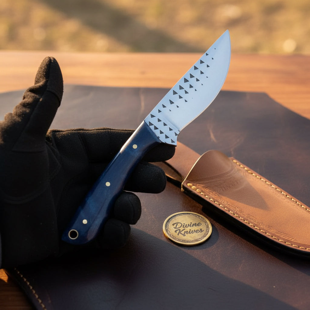 Blue Swirl Resin Rasp Cowboy Knife with Curved Rasp-Style Blade