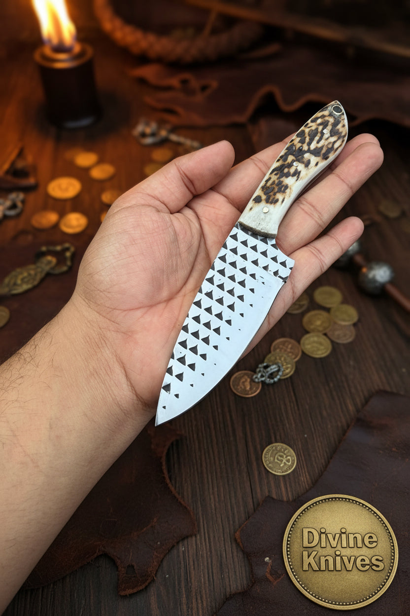 Stag Horn Rasp Skinner Knife with Included Tooled Sheath