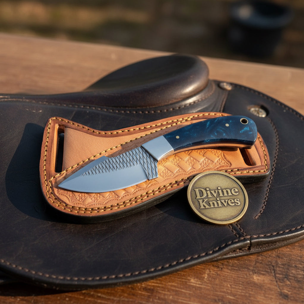 Rasp Blue Resin Skinner with Textured Blade and Leather Sheath