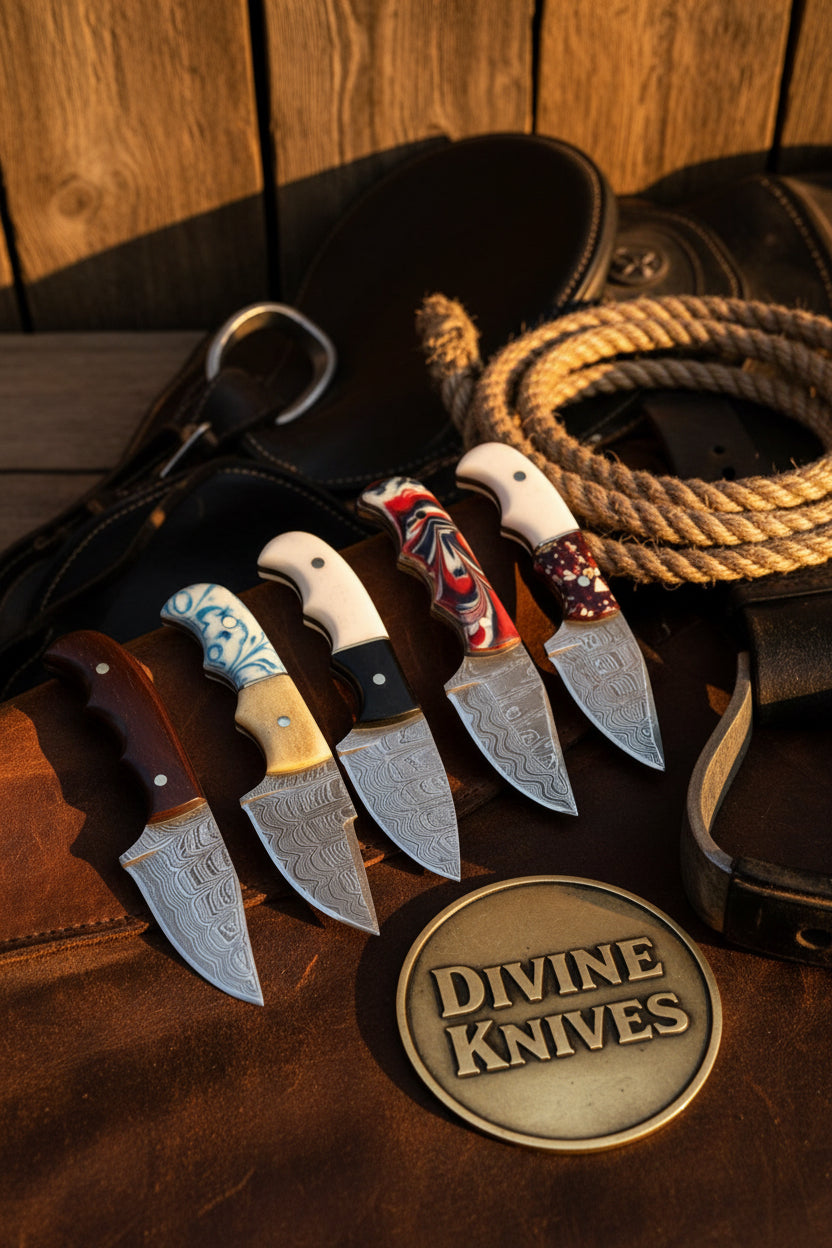 Assorted Handle Damascus Skinner Knife Set – 5 Pieces
