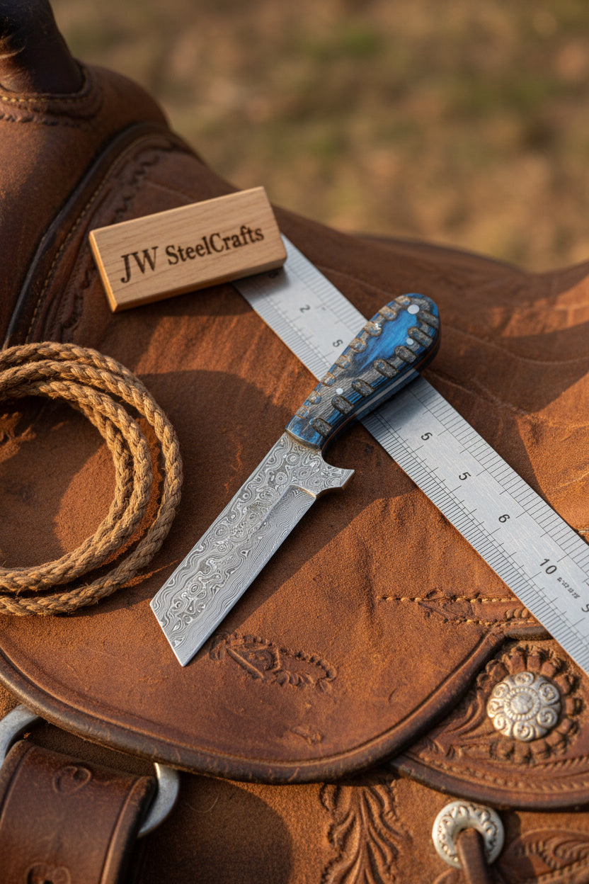 Western Bull Cutter 7” Knife – Damascus Ranch Blade with Blue Stabilized Handle &amp; Sheath