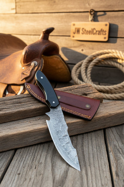 Damascus Field Knife 9” Blade Handmade Black Epoxy Resin Handle with Sheath