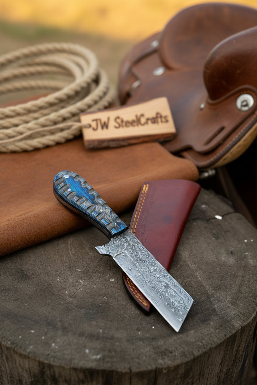 Western Bull Cutter 7” Knife – Damascus Ranch Blade with Blue Stabilized Handle &amp; Sheath