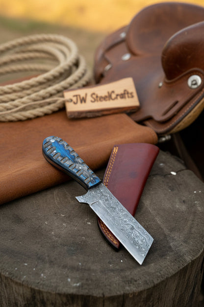 Western Bull Cutter 7” Knife – Damascus Ranch Blade with Blue Stabilized Handle &amp; Sheath