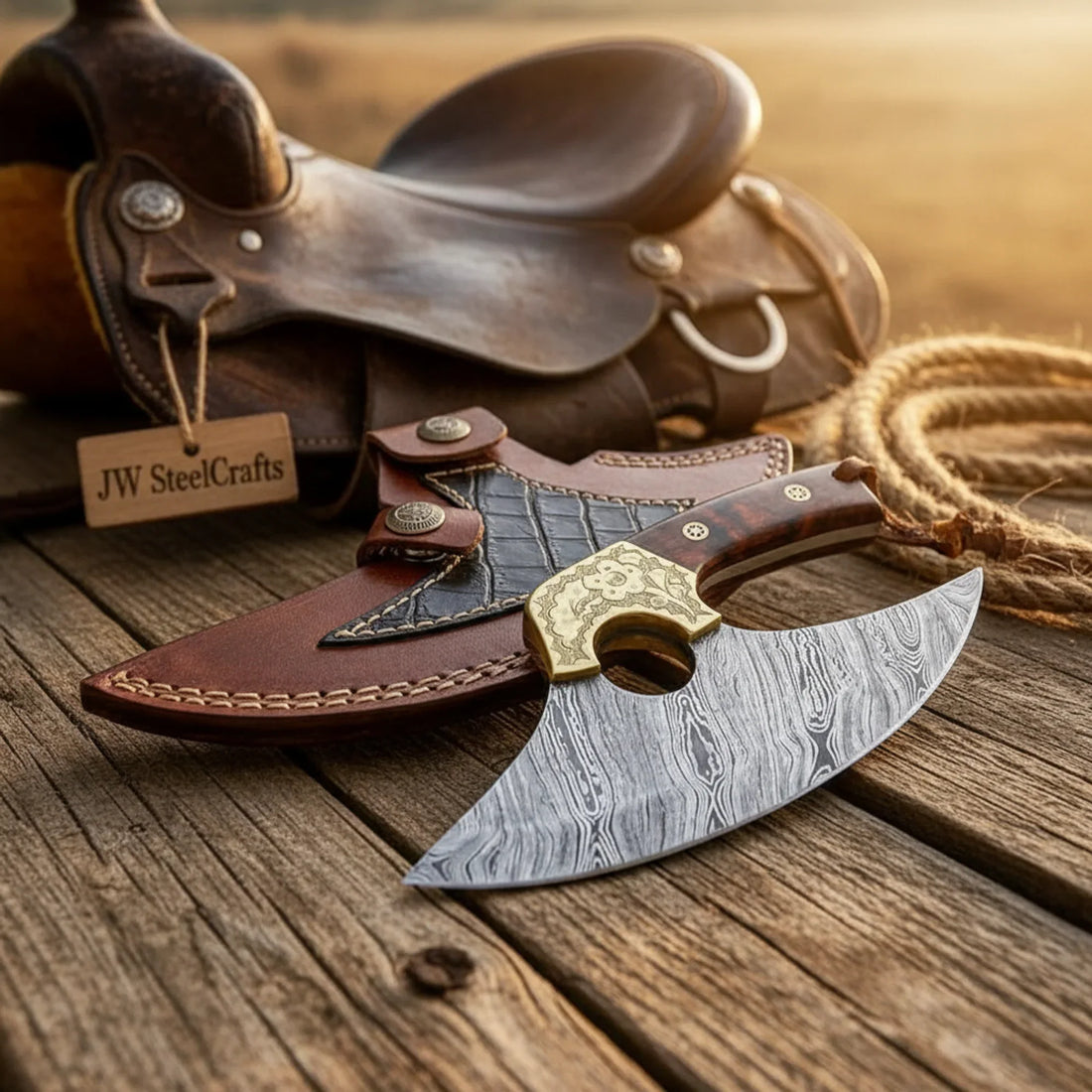 Homestead Ulu Knife 6" Damascus Steel Rocker Blade, Brass Bolster &amp; Sheath