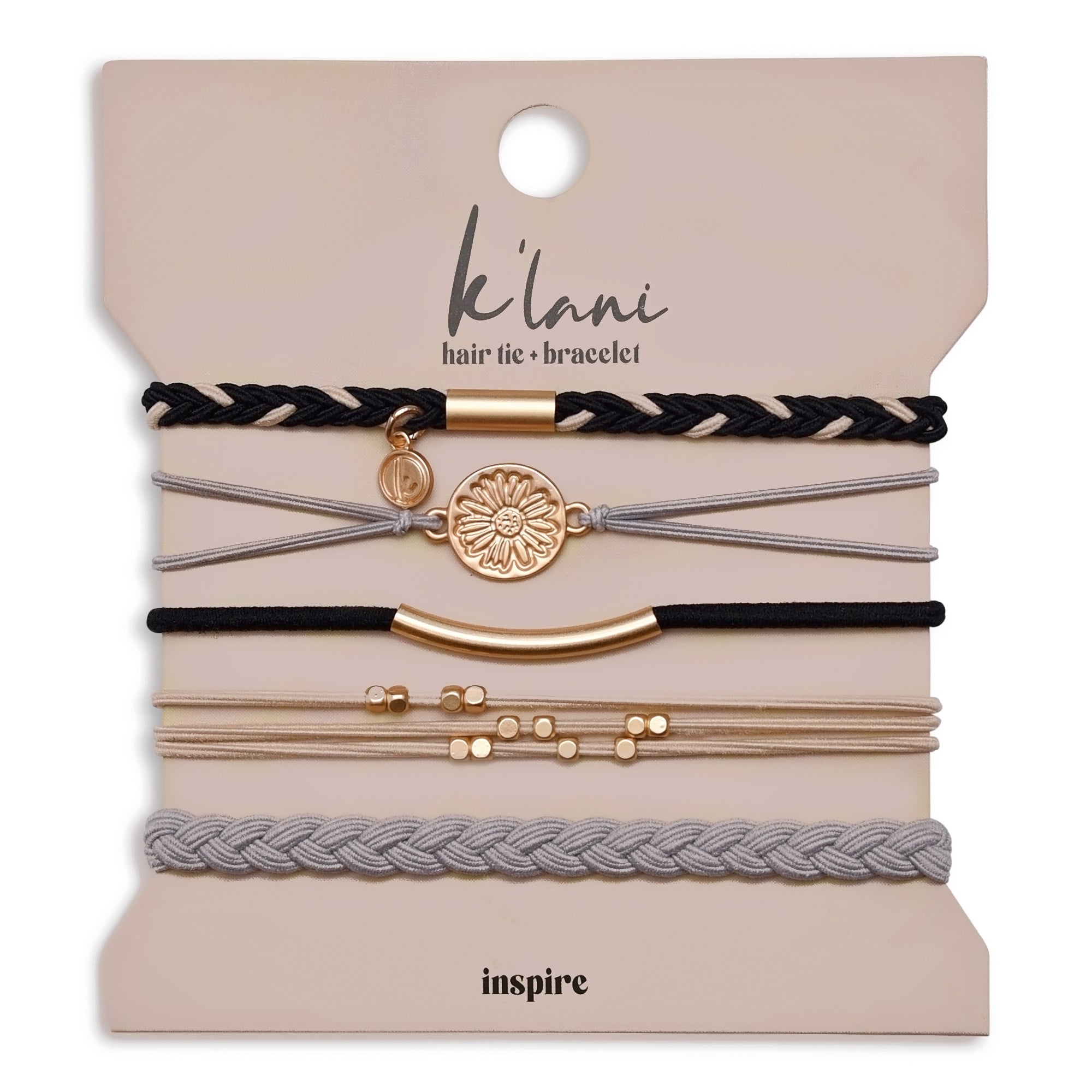 "Inspire" Grey &amp; Black with Gold Flower Accent Hair Tie Bracelets