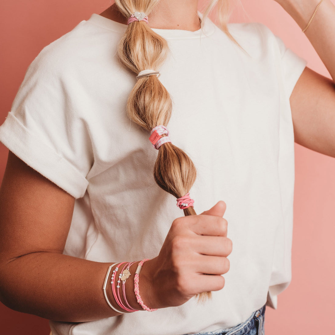 "Hope" Silver &amp; Pink Breast Cancer Awareness Hair Tie Bracelets
