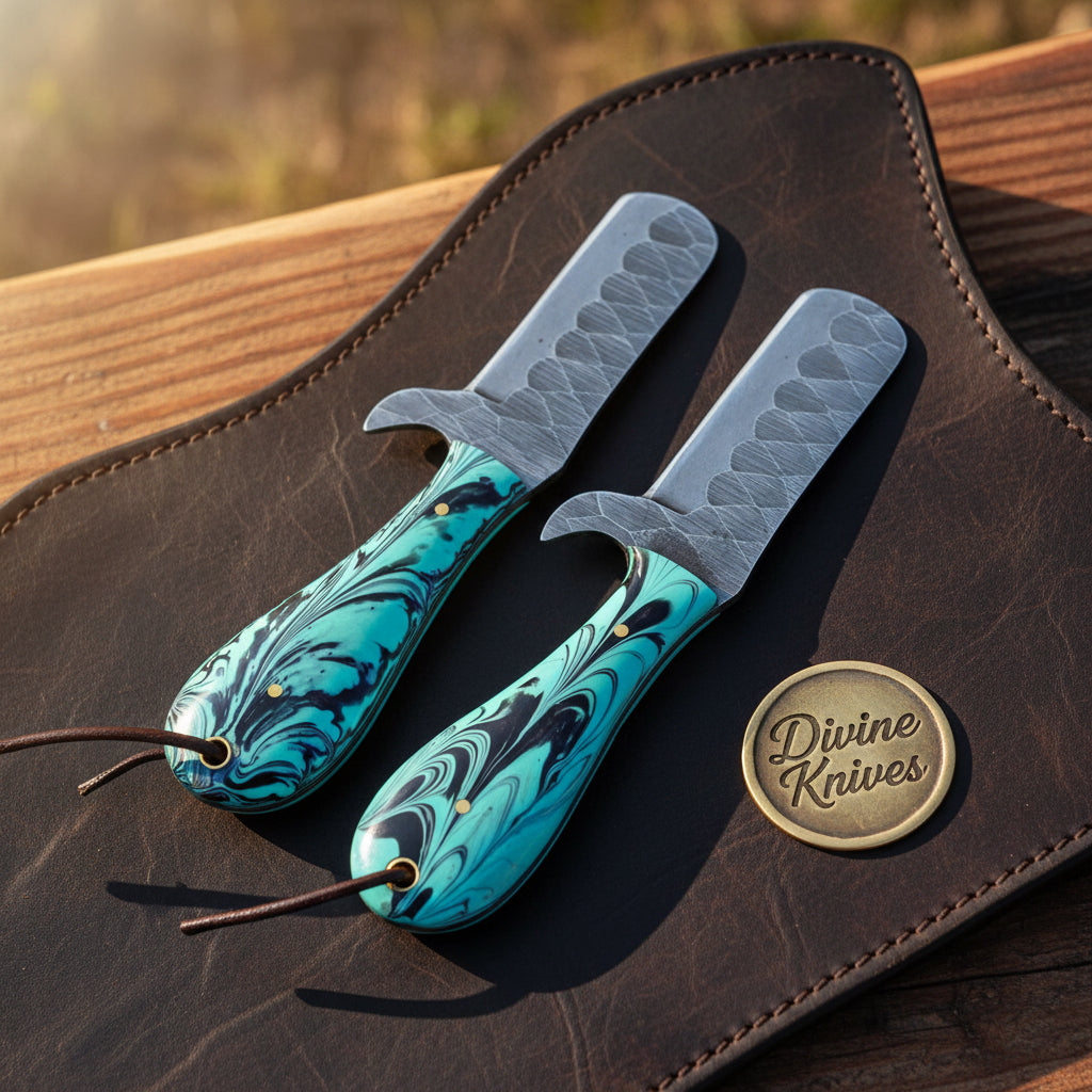 Farrier Rasp Tanto Bull Cutter set with Turquoise and Black Resin Handles