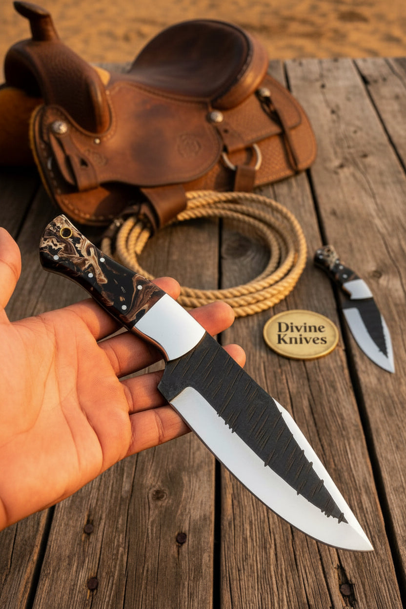 Black &amp; Gold Resin Handle Damascus Bushcraft Knife with Saw-Back
