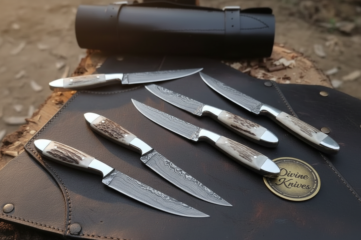 Denton Damascus Steak Knives with Antler Handles