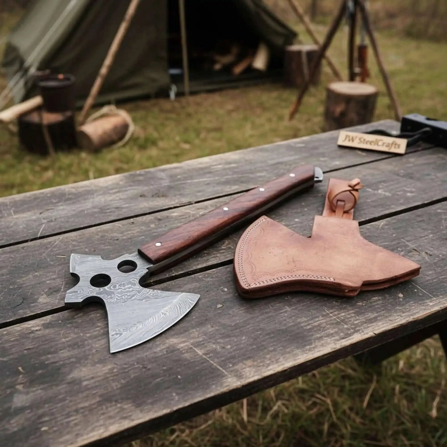 Full-Tang Damascus Camping Axe with Rosewood Handle Scales, Skeletonized Spine &amp; Leather Sheath | JW SteelCrafts