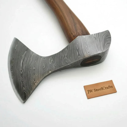Hand Forged Damascus Steel Viking Axe – True Layered Bearded Axe with Hardwood Handle &amp; Leather Sheath | JW SteelCrafts