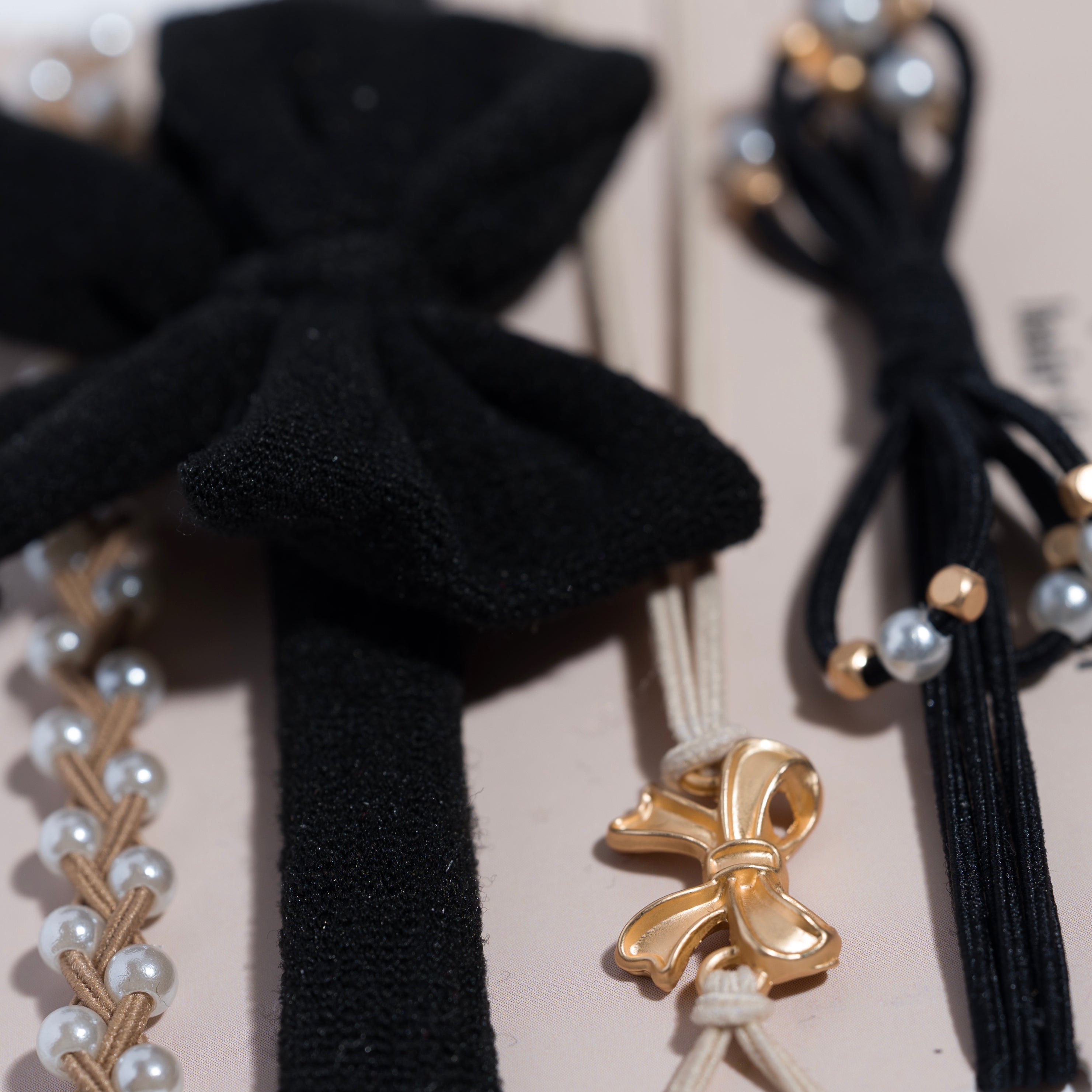 "Harmony" Pearls &amp; Bows in Black &amp; Cream Hair Tie Bracelets