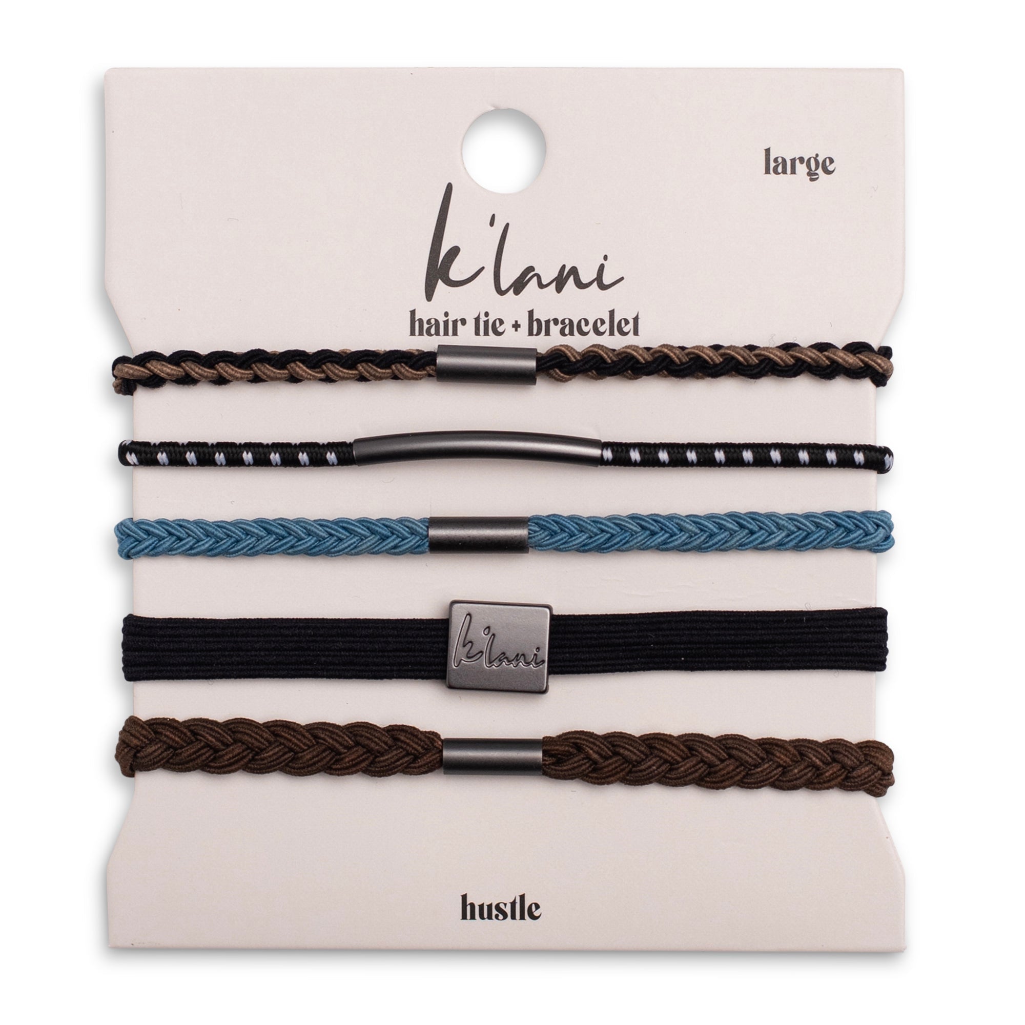 "Hustle" Solid Black, Brown &amp; Blue Hair Tie Bracelets