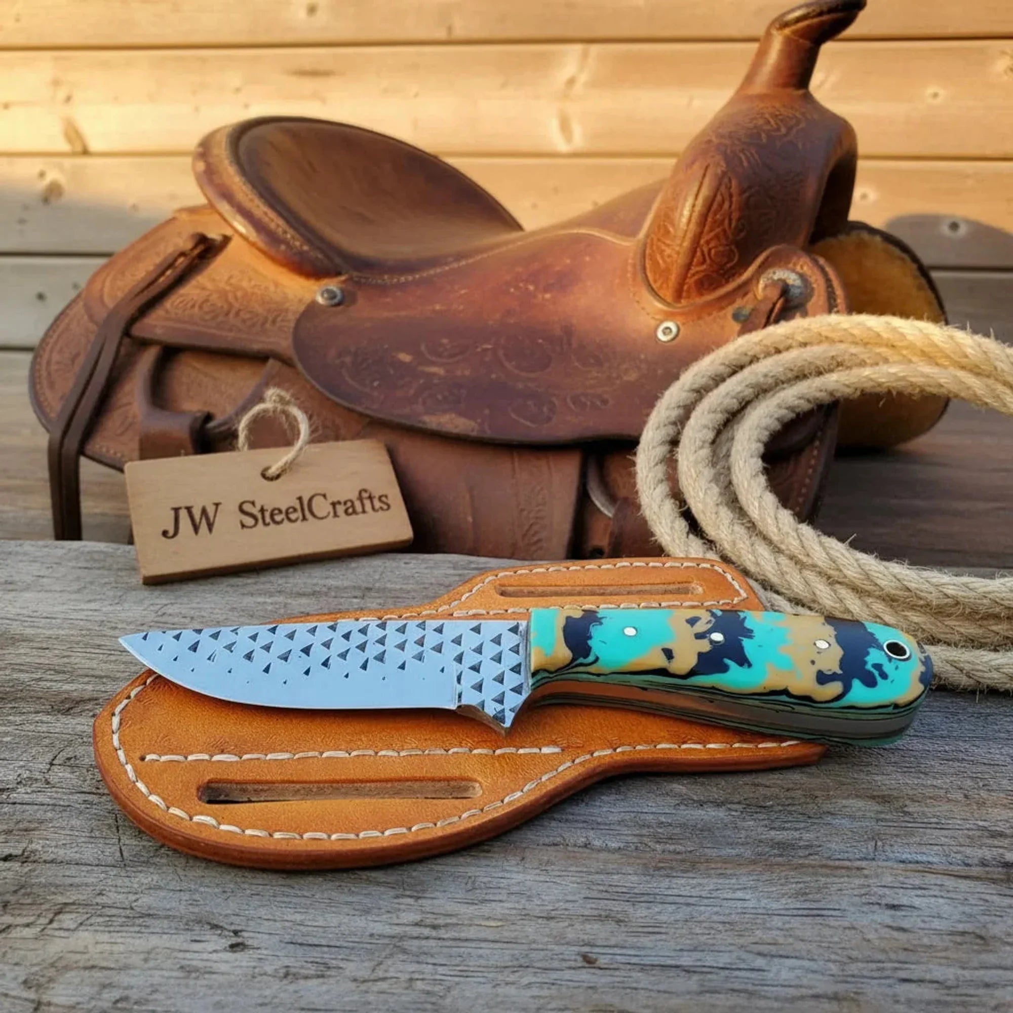 Farrier Rasp Camo Cowboy Knife 7" with Camo Resin Handle Damascus-Style Blade