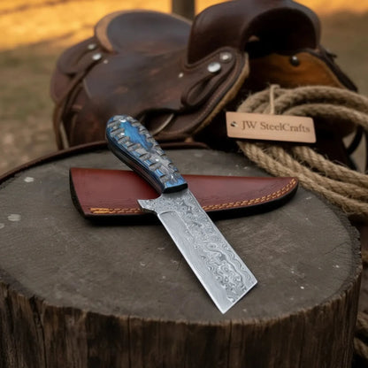 Western Bull Cutter 7” Knife – Damascus Ranch Blade with Blue Stabilized Handle &amp; Sheath
