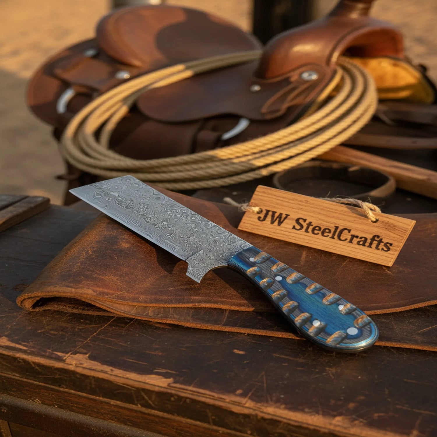 Western Bull Cutter 7” Knife – Damascus Ranch Blade with Blue Stabilized Handle &amp; Sheath