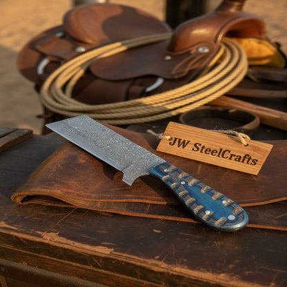 Western Bull Cutter 7” Knife – Damascus Ranch Blade with Blue Stabilized Handle &amp; Sheath