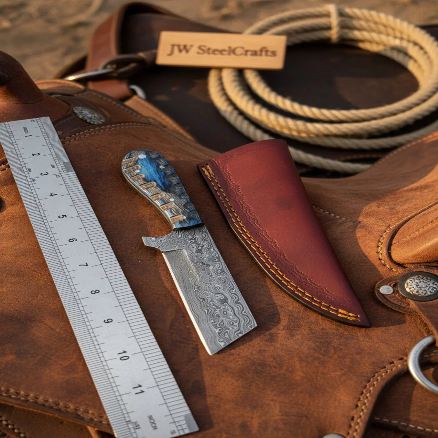 Western Bull Cutter 7” Knife – Damascus Ranch Blade with Blue Stabilized Handle &amp; Sheath