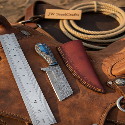 Western Bull Cutter 7” Knife – Damascus Ranch Blade with Blue Stabilized Handle &amp; Sheath