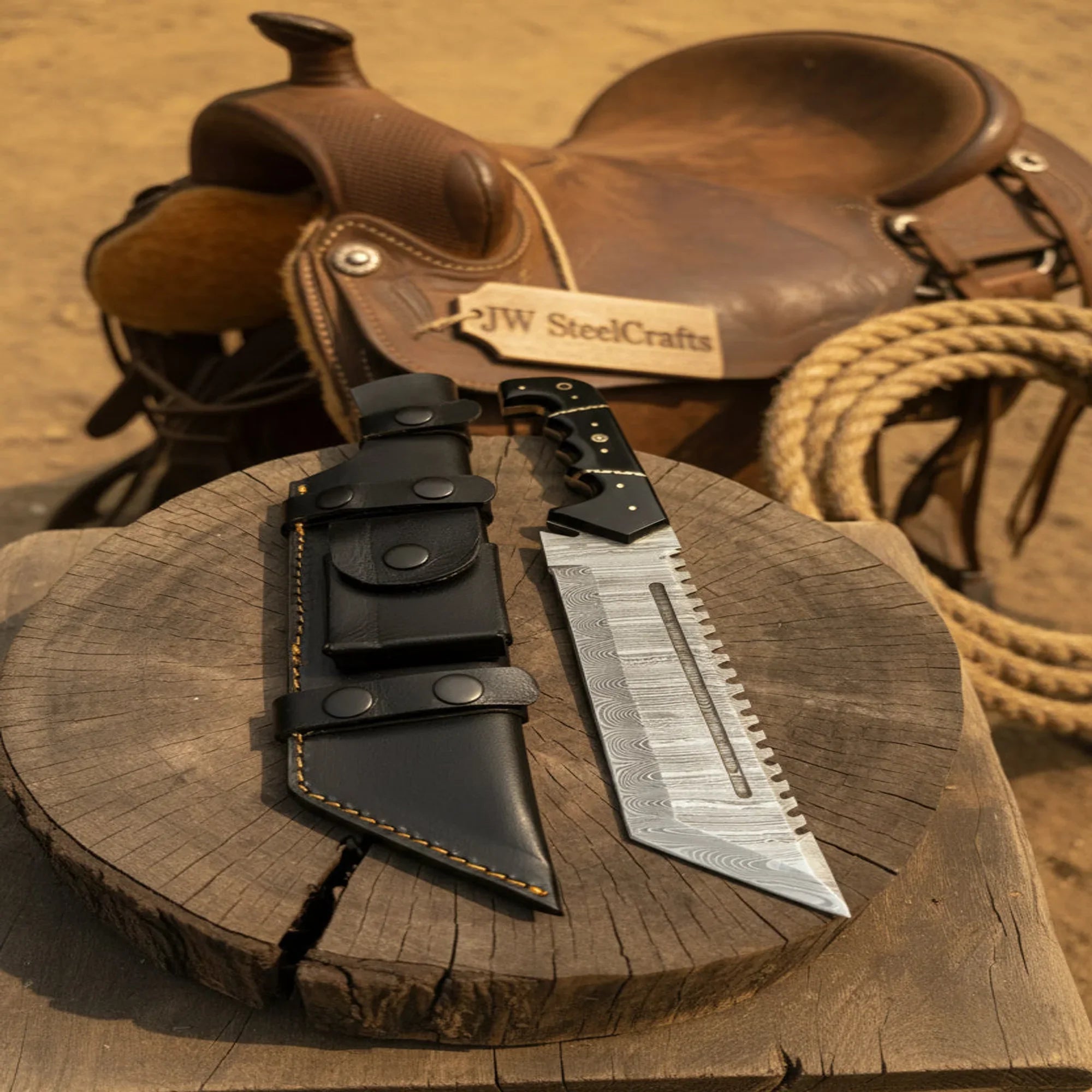 Handmade Damascus Tracker Knife 12” Sawback Blade Survival Knife Black resin Handle &amp; Sheath