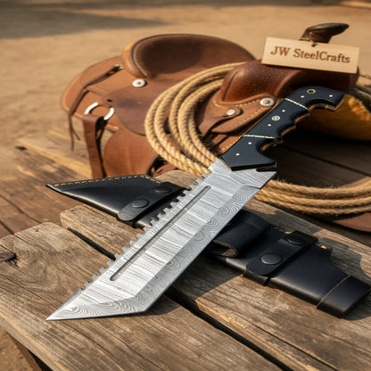 Handmade Damascus Tracker Knife 12” Sawback Blade Survival Knife Black resin Handle &amp; Sheath