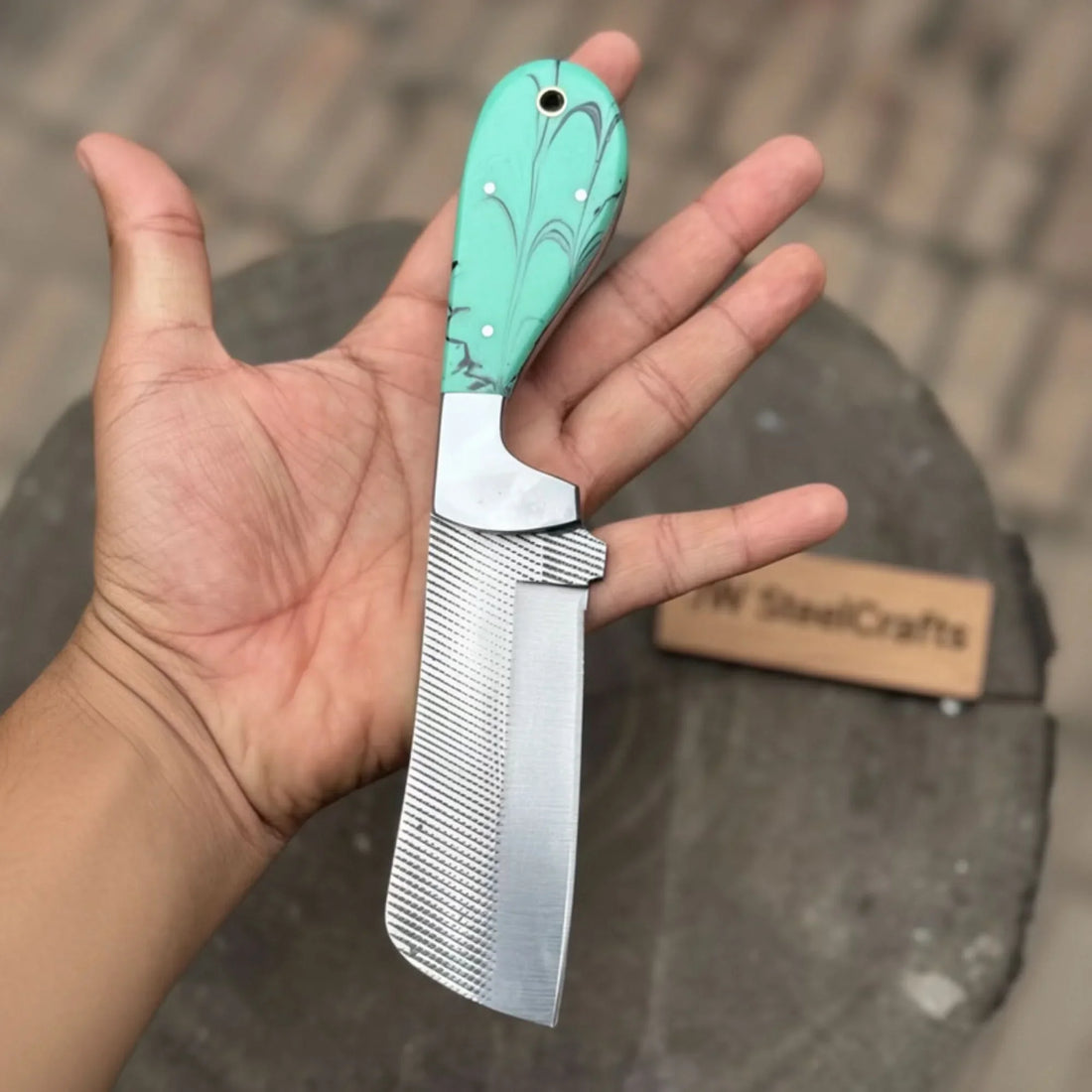 7.5-Inch Rasp Steel Bull Cutter Knife — Teal Marbled Resin Handle, Silver Pins, Lanyard Hole &amp; Leather Sheath | JW Steel Crafts