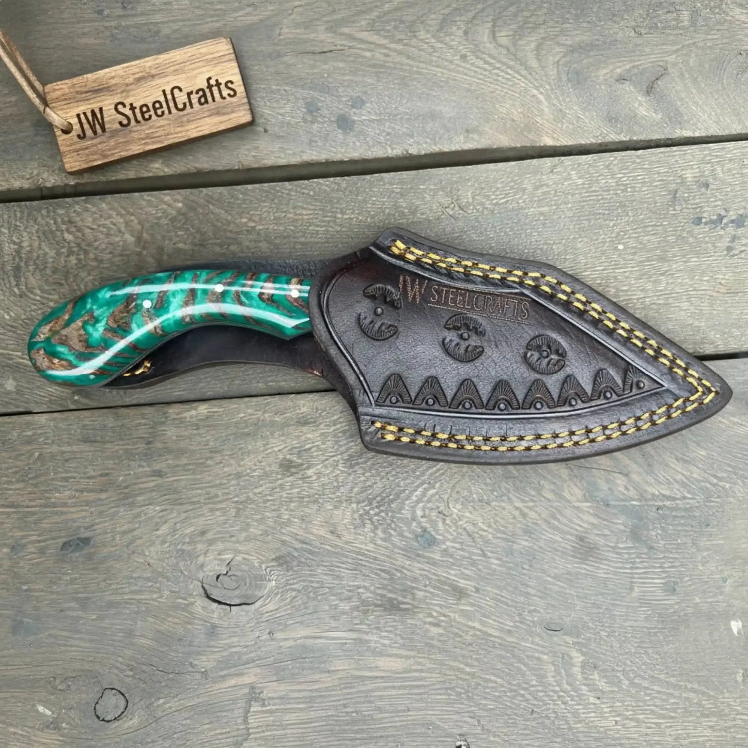 Handmade Skinner Knife with Green Pinecone Resin Handle