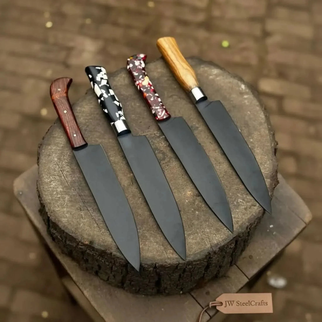 Black Blade Chef Knife Full Tang with Custom Handle &amp; Leather Sheath