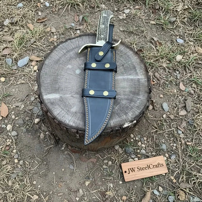16-Inch Damascus Bowie Knife — 11-Inch Blade, Stag Handle, Brass S-Guard &amp; Leather Belt Sheath