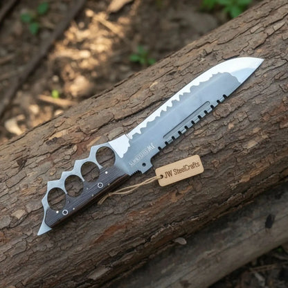 14-Inch High Carbon Steel Combat Knife — Acid Etched Tanto Blade, Knuckle Duster Guard &amp; Wenge Wood Handle