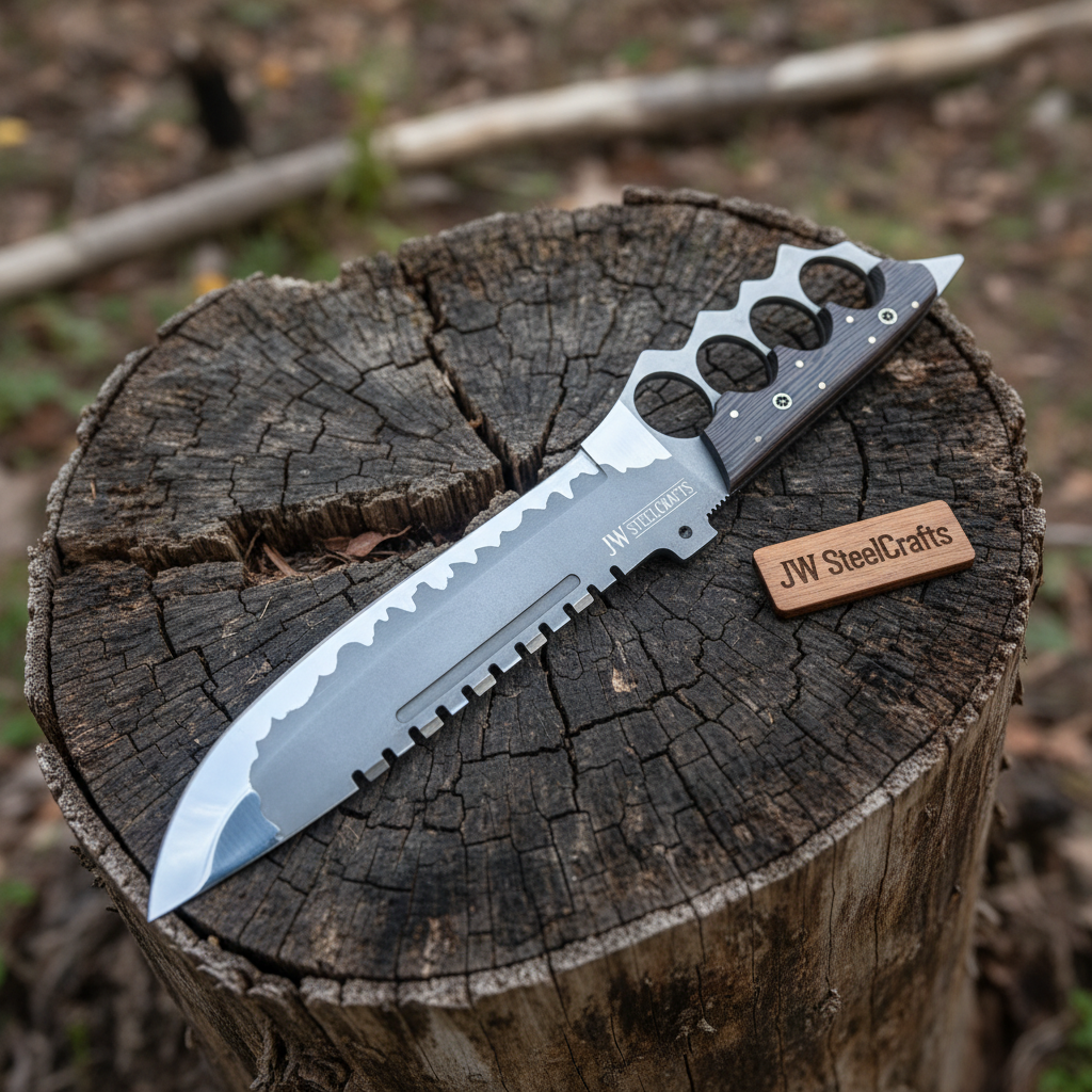14-Inch High Carbon Steel Combat Knife — Acid Etched Tanto Blade, Knuckle Duster Guard &amp; Wenge Wood Handle