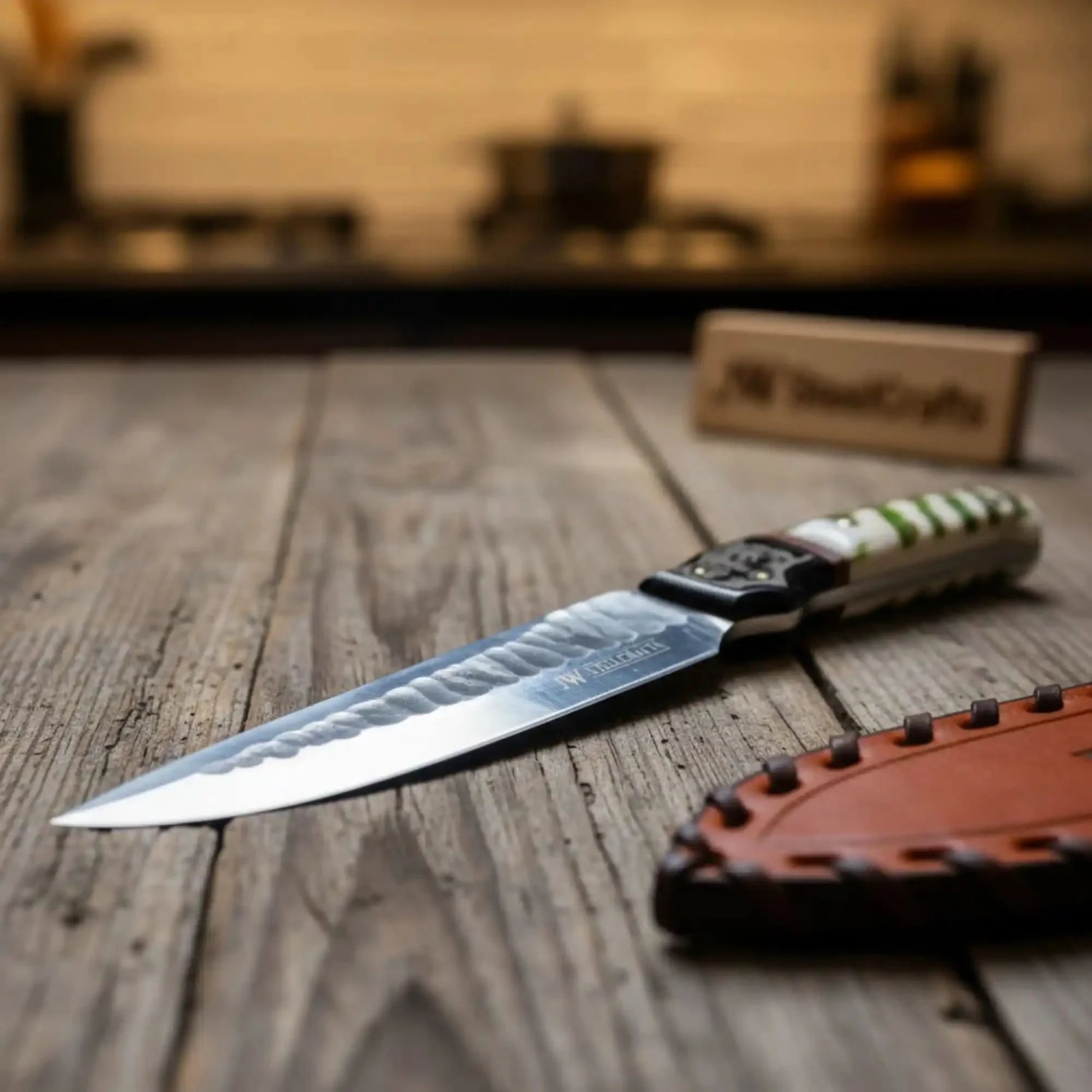 10-Inch Hammered Spear Point Survival Knife — Ram Horn Black Resin Handle, Tiger Engraved Copper Bolster &amp; Leather Sheath