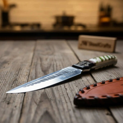 10-Inch Hammered Spear Point Survival Knife — Ram Horn Black Resin Handle, Tiger Engraved Copper Bolster &amp; Leather Sheath