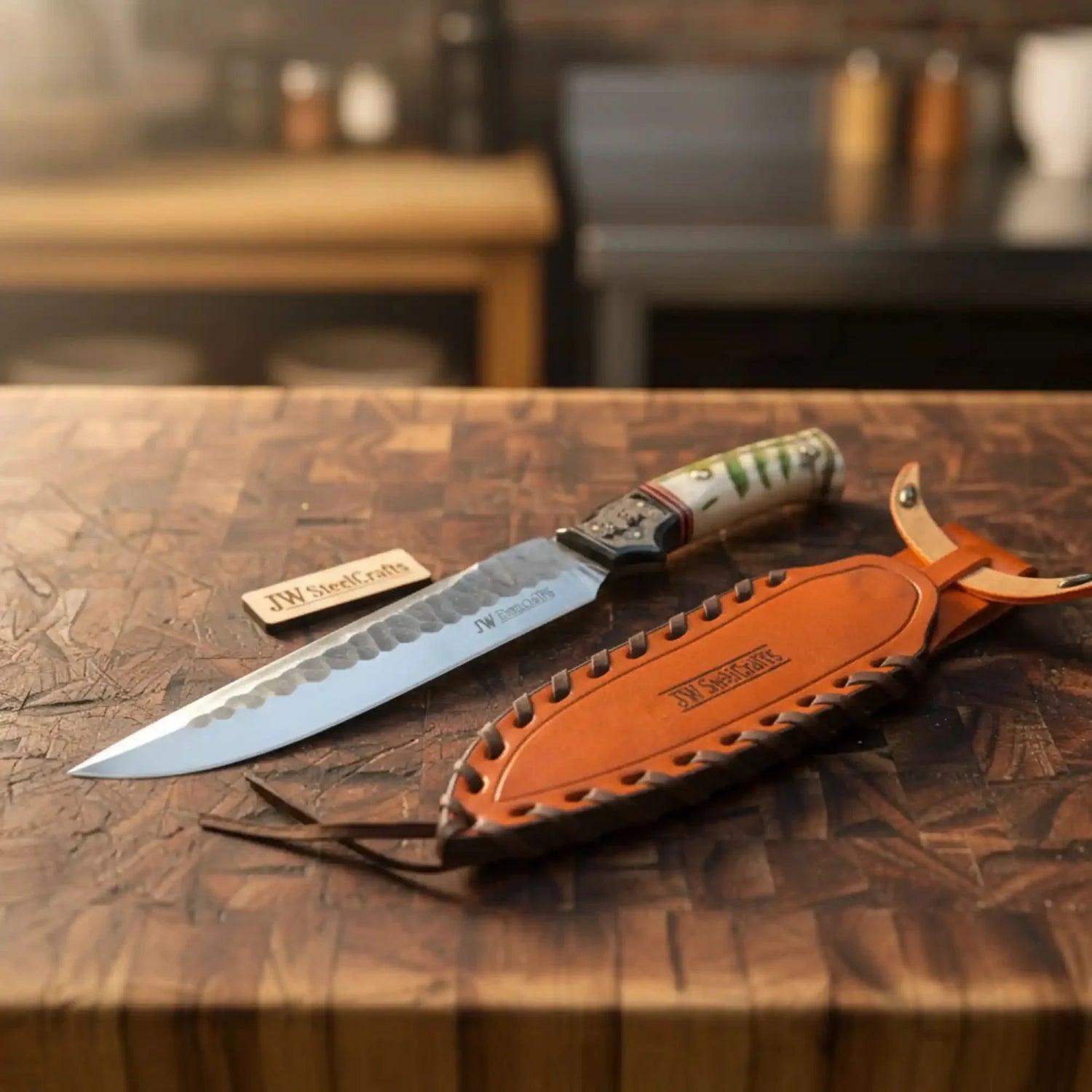 10-Inch Hammered Spear Point Survival Knife — Ram Horn Black Resin Handle, Tiger Engraved Copper Bolster &amp; Leather Sheath