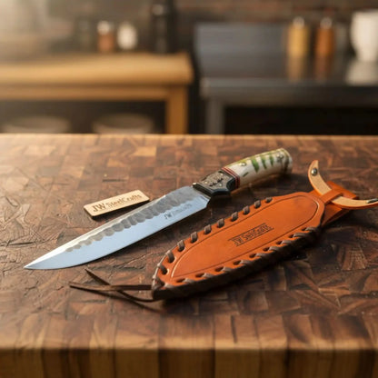 10-Inch Hammered Spear Point Survival Knife — Ram Horn Black Resin Handle, Tiger Engraved Copper Bolster &amp; Leather Sheath